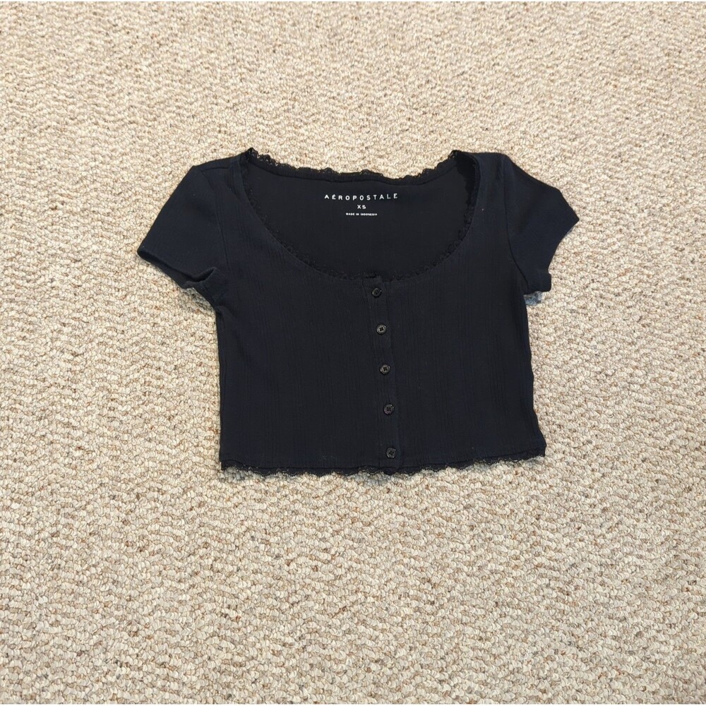 Aeropostale Baby Tee Ribbed Crop Henley Top Womens XS Black Lace Dainty Button